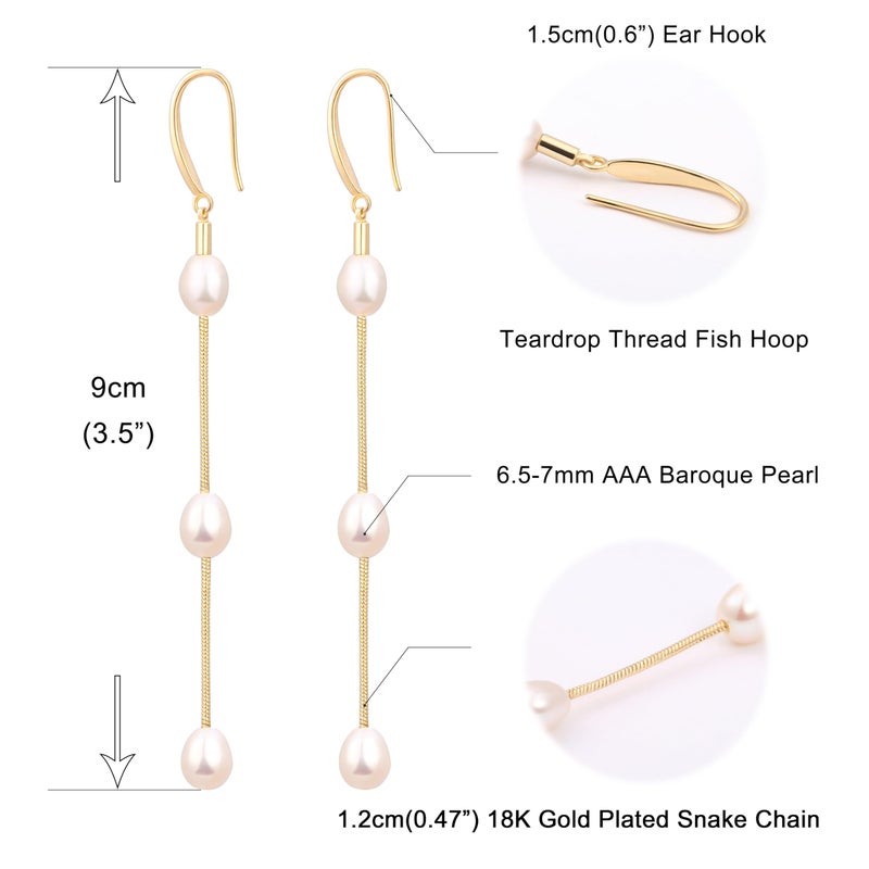 POTESSA Baroque Pearl 18K Gold Plated Hoop Drop Dangle Earrings for Women Long Snake Chain Dainty Bridal Earrings for Wedding - Image 4